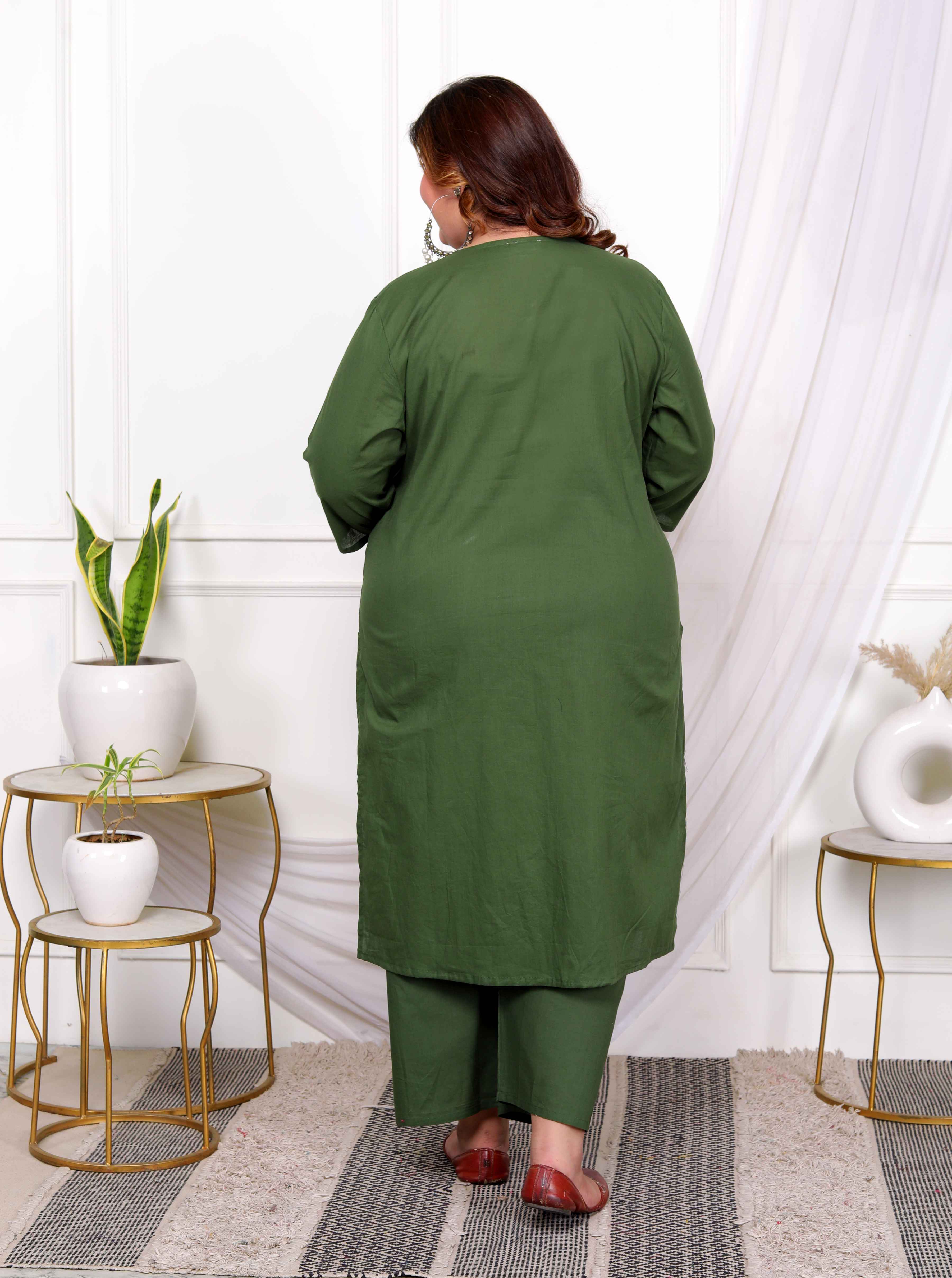 Mehandi Floral Pintuck Cotton Kurta Palazzo with Dupatta Set